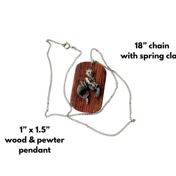 VTG 1970s ARIES Ram Wood & Pewter Dog Tag Astrological Sign 18” Chain Necklace - Picture 3 of 6